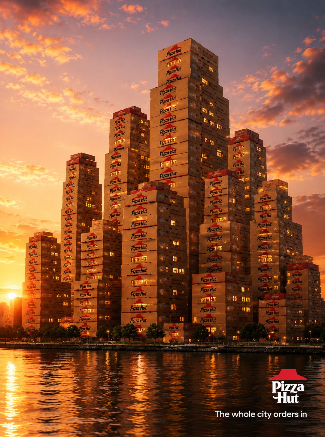 A city skyline at golden hour built entirely from stacked Pizza Hut delivery boxes, glowing windows, reflected in water, captioned 'The whole city orders in.'